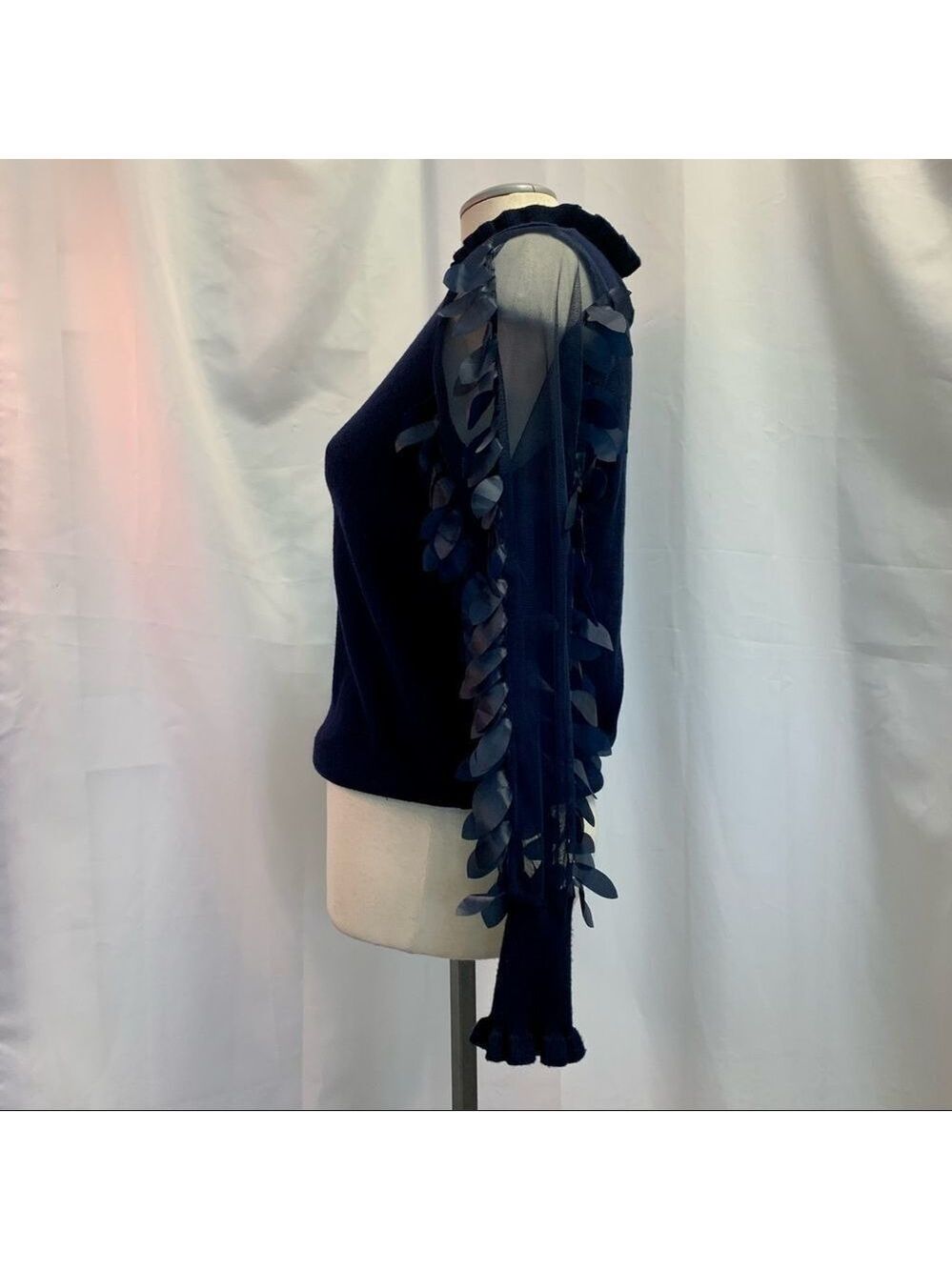WILD Flower navy Leaf Mesh Sleeves Jumper Sz XS - Picture 5 of 12